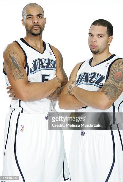 Carlos Boozer and Deron Williams of the Utah Jazz pose for a portrait during NBA Media Day at Zions Bank Basketball Center on October 22, 2007 at the...