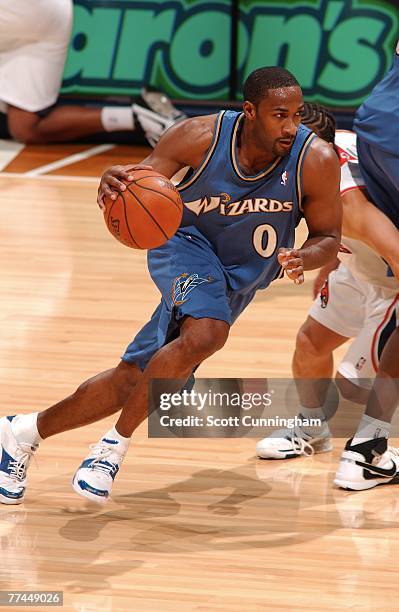 Gilbert Arenas of the Washington Wizards drives the Atlanta Hawks at Philips Arena on October 22, 2007 in Atlanta, Georgia. NOTE TO USER: User...