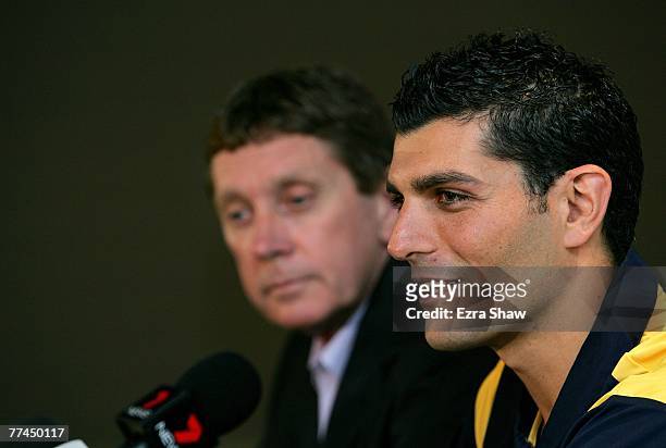 John Aloisi and Central Coast Mariners Executive Chairman Lyall Gorman speak at a press conference announcing Aloisi's signing for the Mariners at...