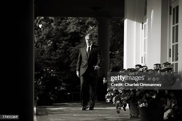 President George W. Bush walks out of the oval office to make a statement on the death of Iraq 's terrorist leader Abu Musab Al-Zarqawi June 8, 2006...