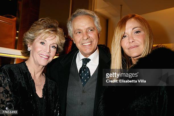 Jane Fonda, Giuliano and Vera Gemma attend a cocktail party at Salvatore Ferragamo boutique during day 5 of the 2nd Rome Film Festival on October 22,...