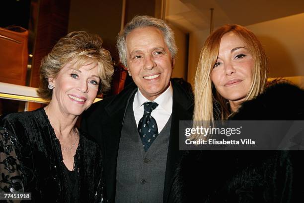 Jane Fonda, Giuliano and Vera Gemma attend a cocktail party at Salvatore Ferragamo boutique during day 5 of the 2nd Rome Film Festival on October 22,...