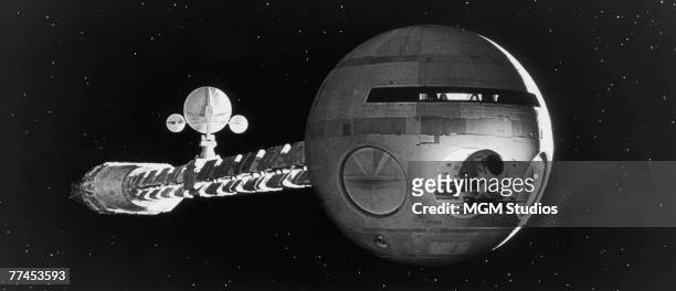 Small EVA pod exits the Discovery One in a scene from the classic science fiction movie '2001: A Space Odyssey', directed by Stanley Kubrick for MGM,...