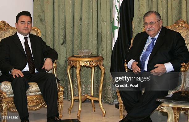 Iraq's President Jalal Talabani meets Turkish Foreign Minister Ali Babacan on October 23, 2007 in Baghdad, Iraq. Babacan rejected any cease-fire...