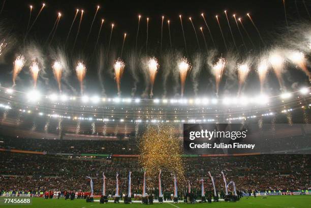 General view of fireworks as South Africa lift the trophy following their victory at the end of the 2007 Rugby World Cup Final between England and...