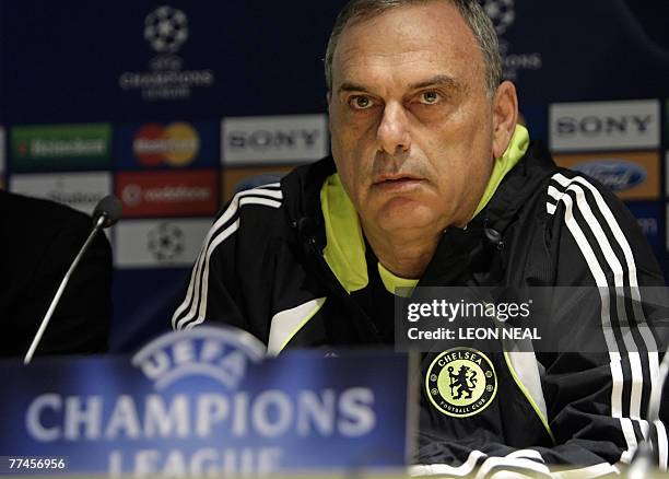 Chelsea manager Avram Grant addresses a press conference at Stamford Bridge in London, 23 October 2007, ahead of a Champions League game against...