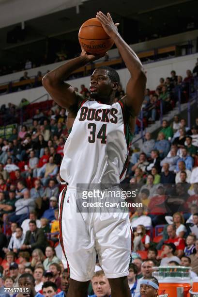 David Noel of the Milwaukee Bucks shoots during the game against the Denver Nuggets on October 16, 2007 at the Resch Center in Green Bay, Wisconsin....