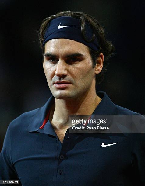 Roger Federer of Switzerland looks on during his first round singles match against Michael Berrer of Germany during Day One of the ATP Davidoff Swiss...