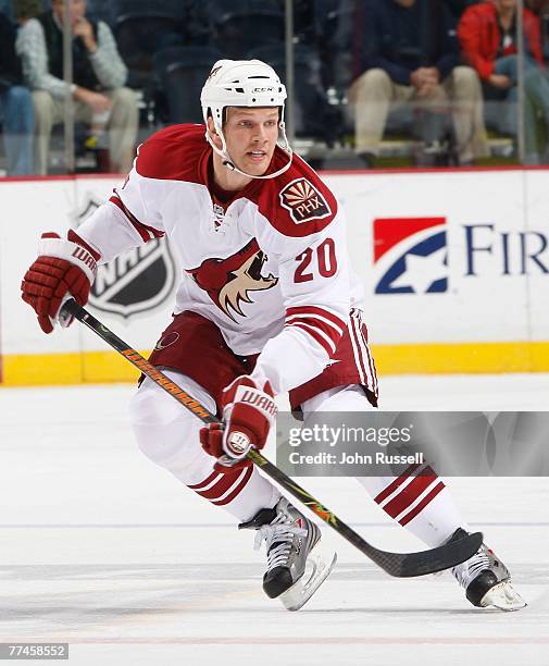 Fredrik Sjostrom of the Phoenix Coyotes skates against the Nashville Predators at the Sommett Center on October 11, 2007 in Nashville, Tennessee.