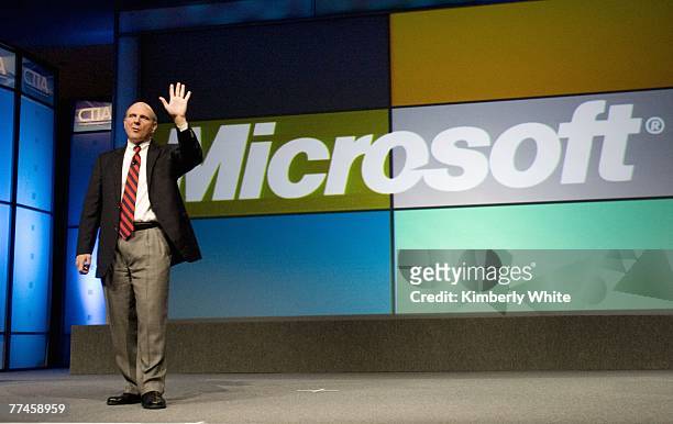 Steve Ballmer, Chief Executive Officer of Microsoft Corporation, gives a keynote address at the CTIA WIRELESS I.T. & Entertainment 2007 conference...