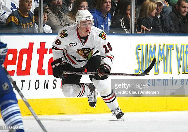 Jonathan Toews of the Chicago Blackhawks skates in a game against the Toronto Maple Leafs on October 20, 2007 at the Air Canada Centre in Toronto,...