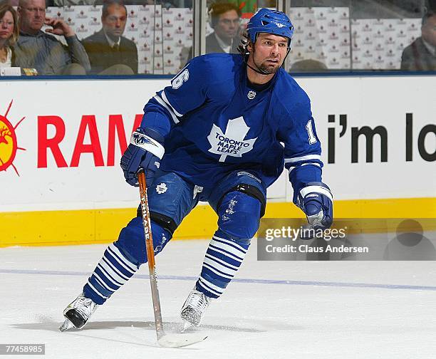 Darcy Tucker of the Toronto Maple Leafs skates in a game against the Chicago Blackhawks on October 20, 2007 at the Air Canada Centre in Toronto,...