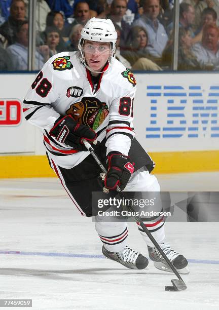 Patrick Kane of the Chicago Blackhawks skates in a game against the Toronto Maple Leafs on October 20, 2007 at the Air Canada Centre in Toronto,...