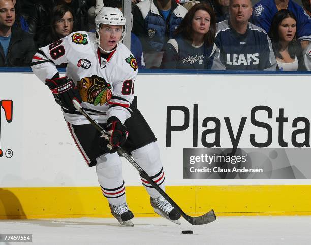Patrick Kane of the Chicago Blackhawks works on a powerplay in a game against the Toronto Maple Leafs on October 20, 2007 at the Air Canada Centre in...