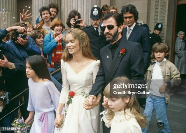 Former Beatle Ringo Starr and American actress Barbara Bach leaving Marylebone Register Office after their wedding, London, April 27, 1981. Their...