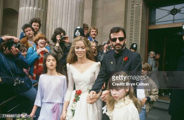 Former Beatle Ringo Starr and American actress Barbara Bach leaving Marylebone Register Office after their wedding, London, April 27, 1981. Their...