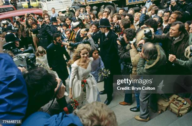 Former Beatle Ringo Starr and American actress Barbara Bach arriving at Marylebone Register Office for their wedding, London, April 27, 1981. Their...