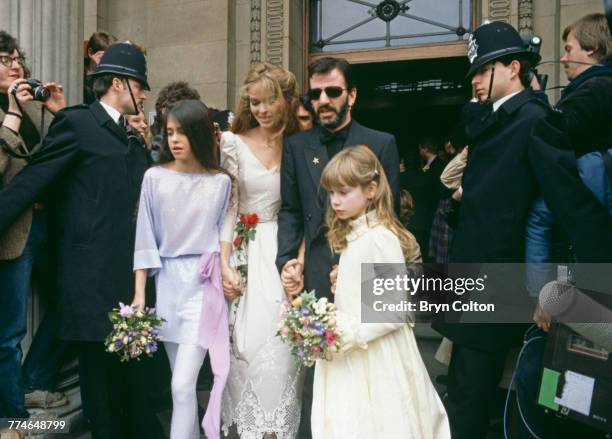 Former Beatle Ringo Starr and American actress Barbara Bach leaving Marylebone Register Office after their wedding, London, April 27, 1981. Their...