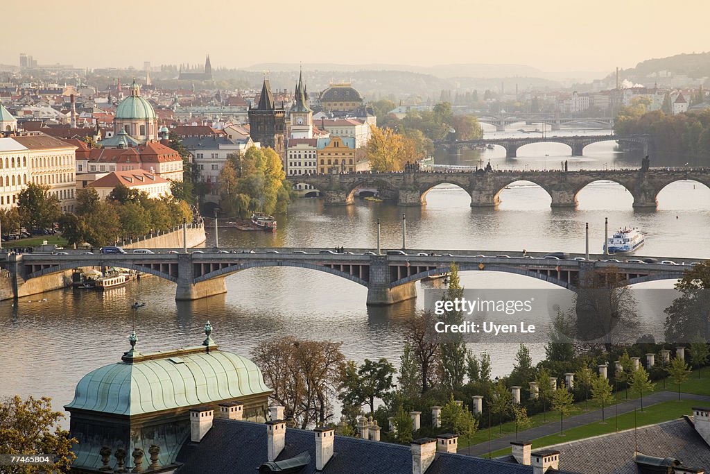 Prague Cityscape with the Vltava River and its Bridges at sunset 2007.