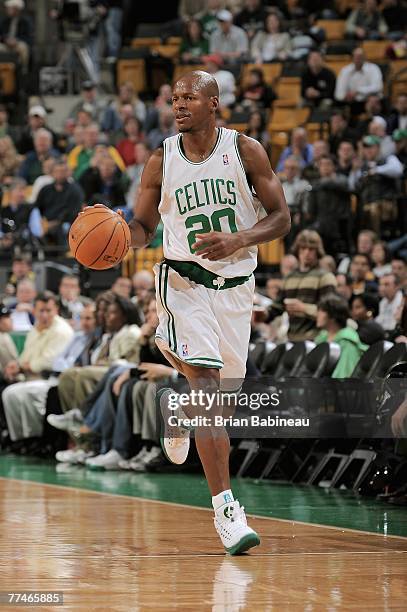 Ray Allen of the Boston Celtics brings the ball upcourt during the game against the New York Knicks at the TD Banknorth Garden on October 17, 2007 in...