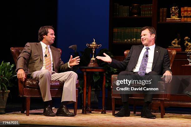 Captain Paul Azinger and European captain Nick Faldo of England attend the Ryder Cup captains celebration held at The Bomhard Theater at the Kentucky...