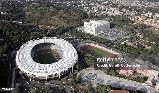 The picture shows an aerial view of the Olympic Stadium on October 23, 2007 in Rome, Italy.