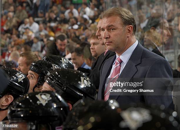 Michel Therrien Head Coach of the Pittsburgh Penguins looks on during the first period of the game against the New York Rangers on October 23, 2007...