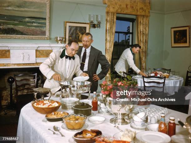 Waiters prepare the buffet in the club house at the National Golf Links of America Southampton New York in 1950. This photo was shot for the story...
