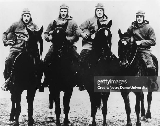 The Four Horsemen of Notre Dame, quarterback Harry Stuhldreher, fullback Elmer Leyden, left halfback Jim Crowley, and right hafback Don Miller....