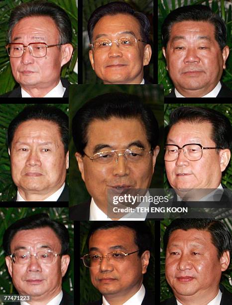 This combination of photos taken during a press conference at the Great Hall of the People in Beijing, 22 October 2007 shows Chinese President Hu...