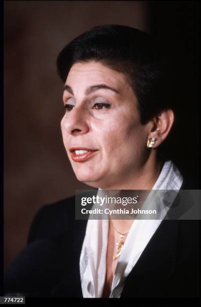 Hanan Ashrawi poses January 16, 1992 in Washington, DC. Ashrawi regards the Palestinian case in a moderate, pragmatic way and denounces human rights...