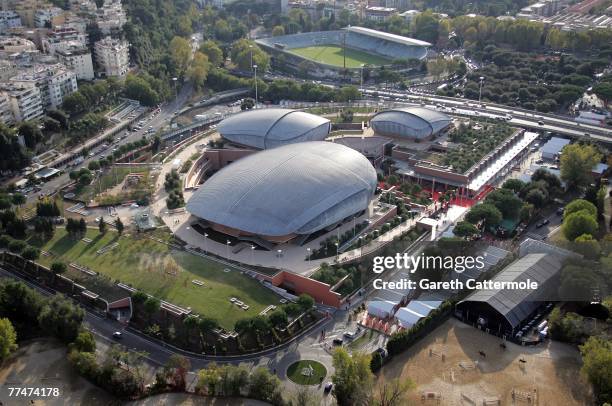 The picture shows an aerial view of the Auditorium Parco della Musica, a complex designed by Renzo Piano, on October 23, 2007 in Rome, Italy.