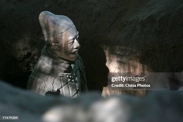 Terracotta soldier is seen in the No.1 pit of the Qin Terracotta Warriors and Horses Museum on October 24, 2007 in Lintong of Shaanxi Province,...