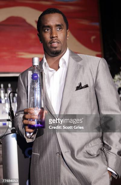 Sean "Diddy" Combs poses for a photo during a press conference to announce a partnership with Ciroc vodka at Stone Rose on October 24, 2007 in New...