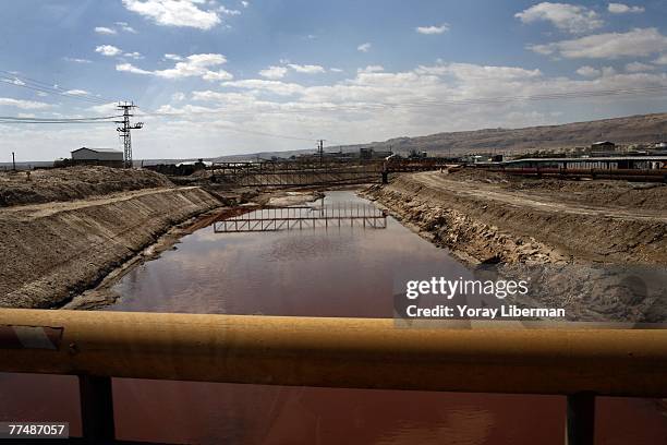 Water canals transferring water from one side of The Dead Sea Works plant to the other, harvesting Potash and other chemicals out of the natural...