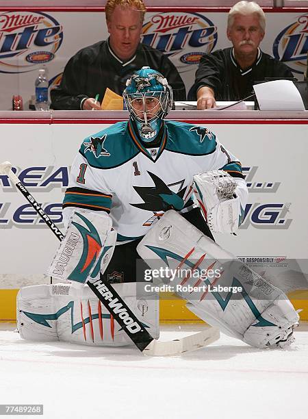 Goaltender Thomas Greiss of the San Jose Sharks warms up prior to their preseason NHL game against the Anaheim Ducks at the Honda Center on September...