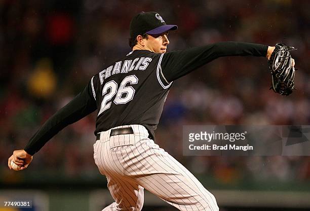 Starting pitcher Jeff Francis of the Colorado Rockies pitches against the Boston Red Sox during Game One of the 2007 World Series at Fenway Park on...
