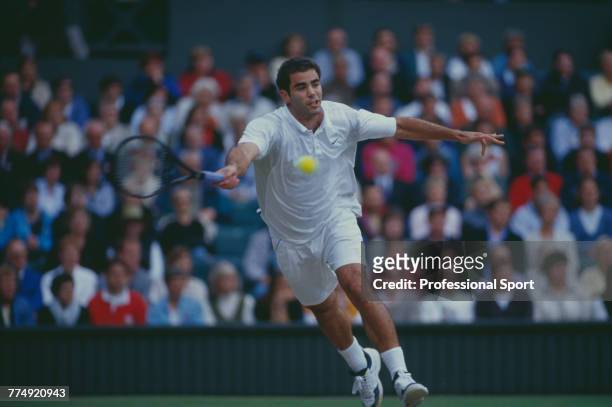 American tennis player Pete Sampras pictured in action during competition to reach and win the final of the Men's Singles tennis tournament at the...