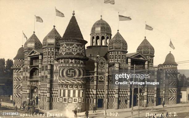 Exterior view of the Corn Palace , Mitchell, South Dakota, 1907. The building, decorated each year with different designs made with corn and various...