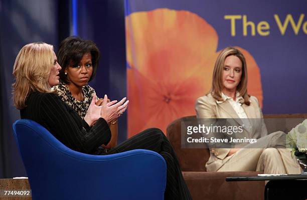 Ann Romney, Michelle Obama and Jeri Thompson speak during a "Conversation with Presidential Spouses" discussion at the Women's Conference 2007 held...