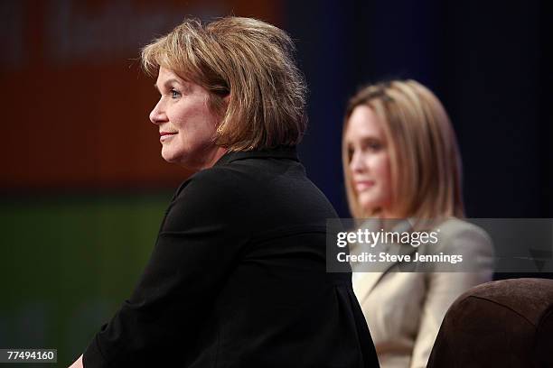 Elizabeth Edwards and Jeri Thompson speak during a "Conversation with Presidential Spouses" discussion at the Women's Conference 2007 held at the...