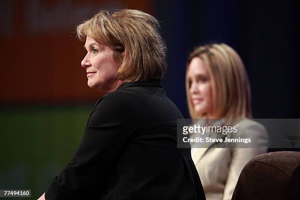 Elizabeth Edwards and Jeri Thompson speak during a "Conversation with Presidential Spouses" discussion at the Women's Conference 2007 held at the...