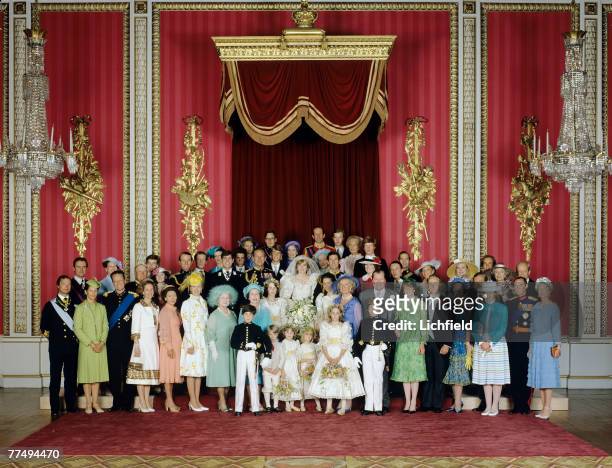 The Royal Wedding Group in the Throne Room at Buckingham Palace on 29th July 1981 with the bride and groom, TRH The Prince and The Princess of Wales,...
