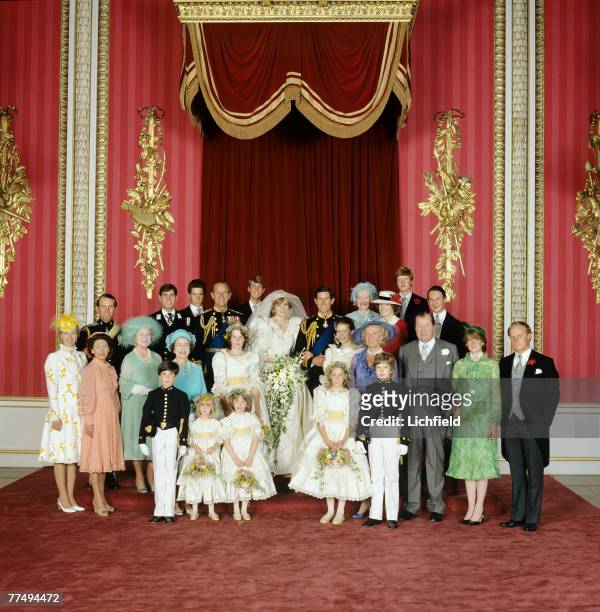 The Royal Wedding Group in the Throne Room at Buckingham Palace on 29th July 1981 with the bride and groom, TRH The Prince and The Princess of Wales,...