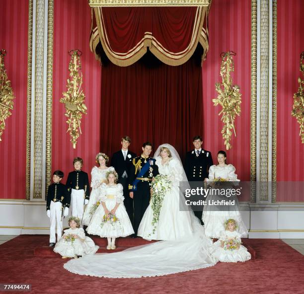 The Royal Wedding Group in the Throne Room at Buckingham Palace on 29th July 1981 with the bride and bridegroom, TRH The Prince and The Princess of...