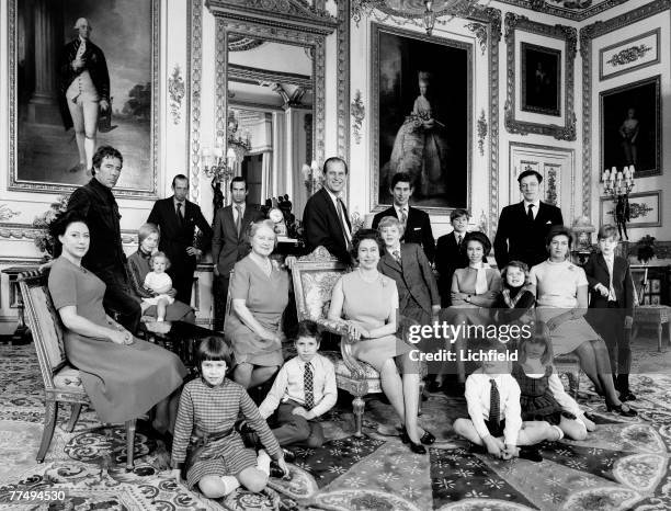 The Royal Family at Windsor Castle on 26th December 1971. Back row The Earl of Snowdon, HRH The Duchess of Kent with Lord Nicholas Windsor, HRH The...