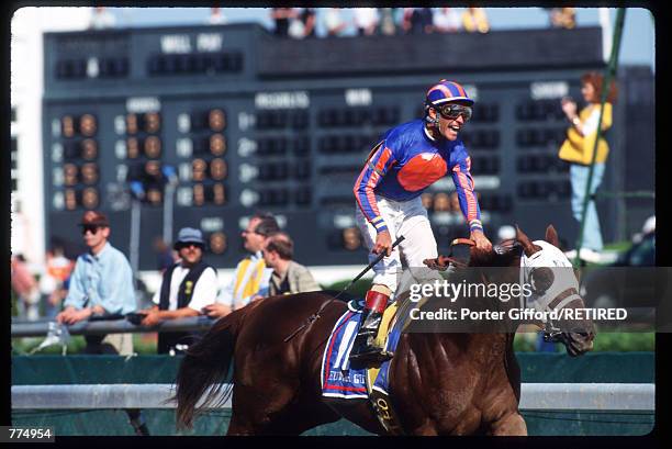 Jockey Gary Stevens rides Kentucky Derby winner Thunder Gulch May 6, 1995 in Louisville, KY. Dating back to 1872, the Kentucky Derby stands as the...