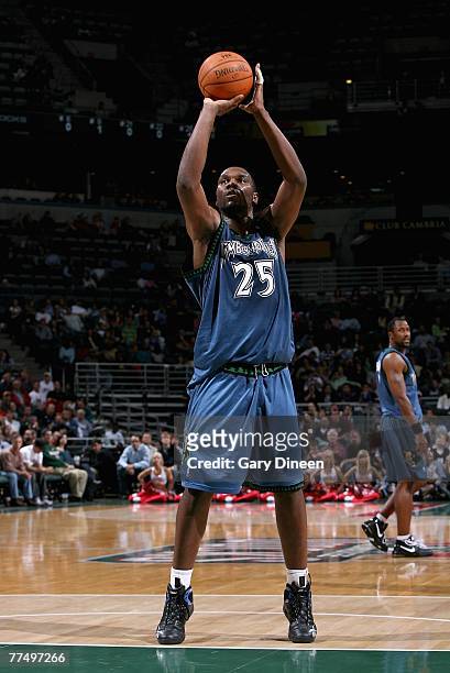 Al Jefferson of the Minnesota Timberwolves shoots during the game against the Milwaukee Bucks at the Bradley Center on October 20, 2007 in Milwaukee,...
