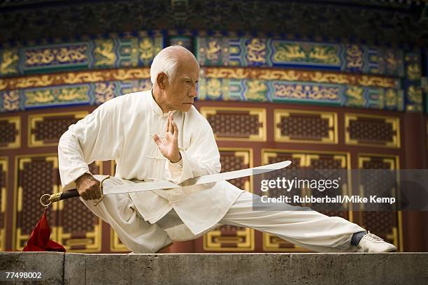 man with sword doing kung fu - chinese martial arts stock pictures, royalty-free photos & images