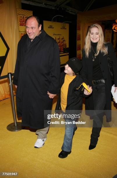 Actor James Gandolfini, son Michael Gandolfini and guest attend the New York 'Black and Yellow' premiere of DreamWorks Animation's "Bee Movie" at the...